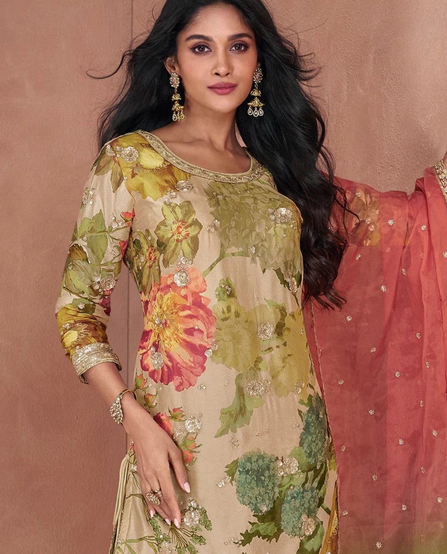 5296 - Beige Brown Floral Printed Georgette Plazzo Suit with Sequence work : Top Pick